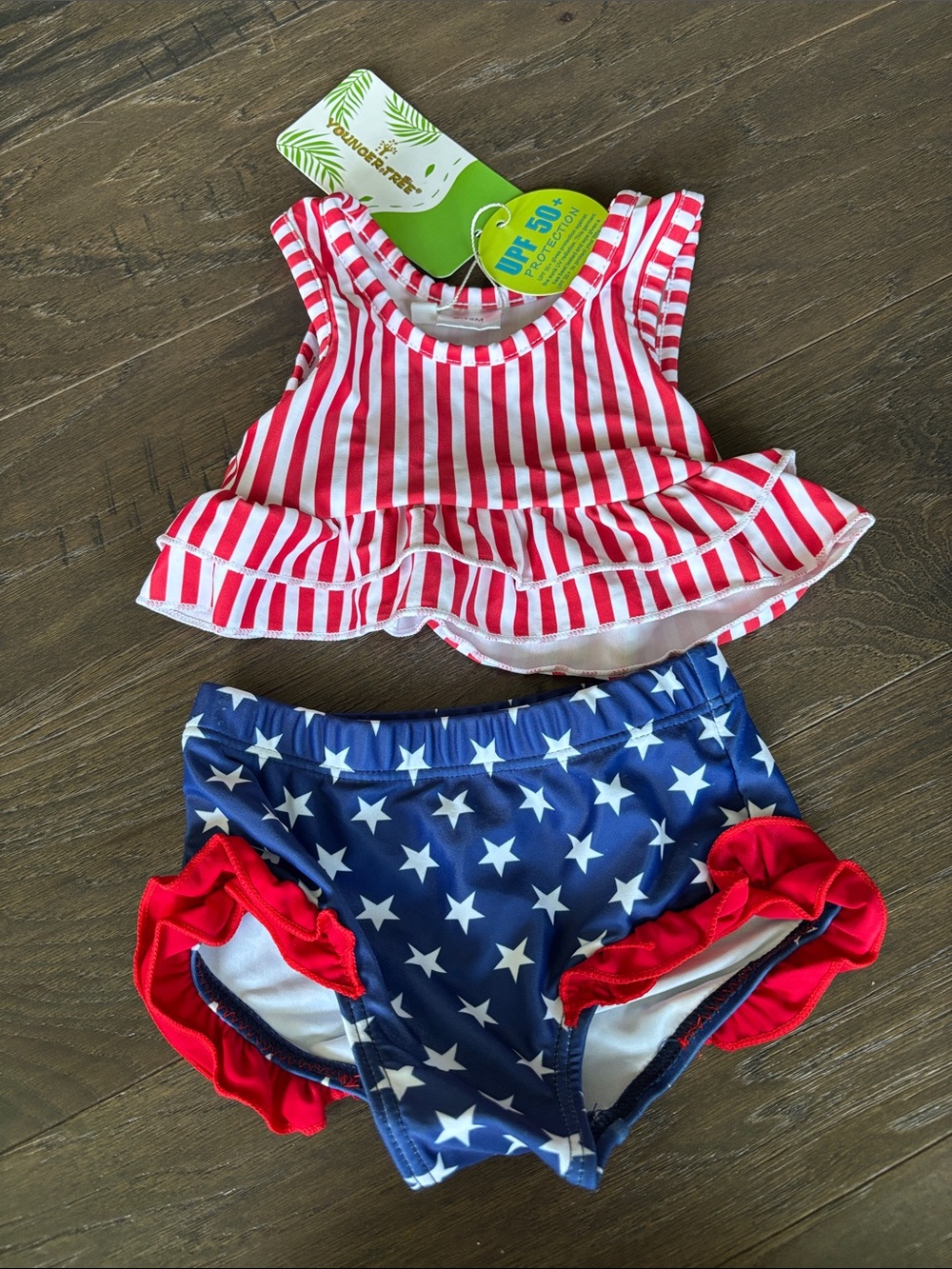 Youngwe Tree UPF 50+ sun protection American Stars & Stripes ruffle top:bottom